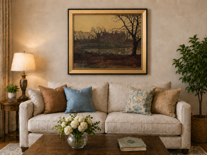 Peinture à l'huile de paysage - Village côtier avec phare et coucher de soleil