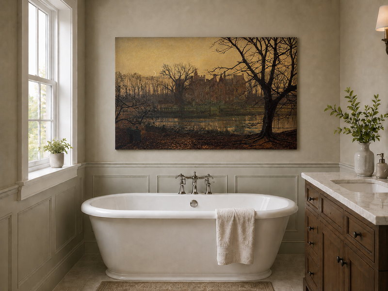 Peinture à l'huile de paysage - Village côtier avec phare et coucher de soleil