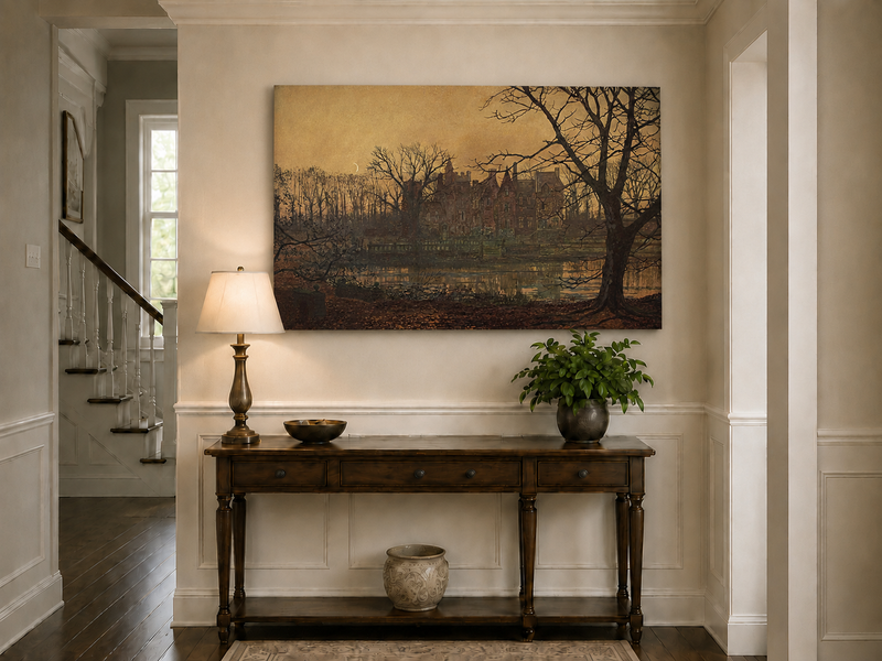Peinture à l'huile de paysage - Village côtier avec phare et coucher de soleil
