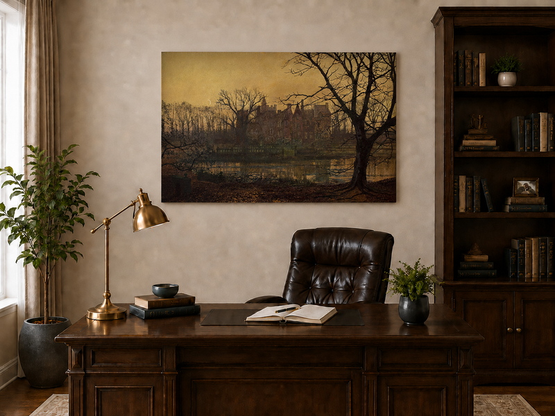 Peinture à l'huile de paysage - Village côtier avec phare et coucher de soleil