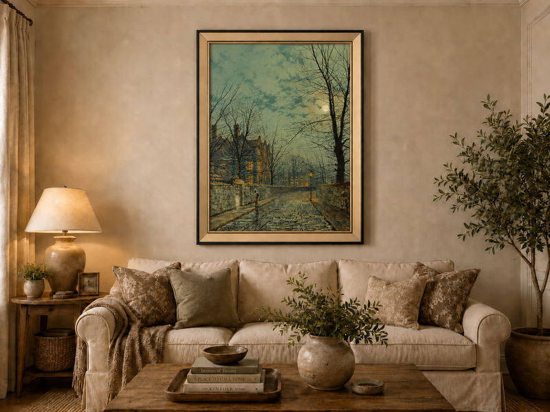 Peinture à l'huile de paysage - Rivière printanière avec pêcheur et arbres