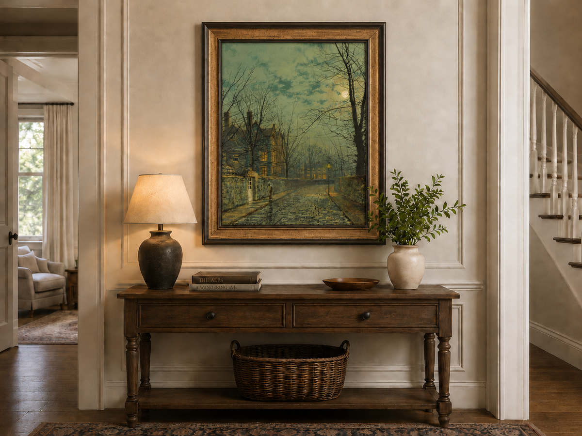 Peinture à l'huile de paysage - Rivière printanière avec pêcheur et arbres