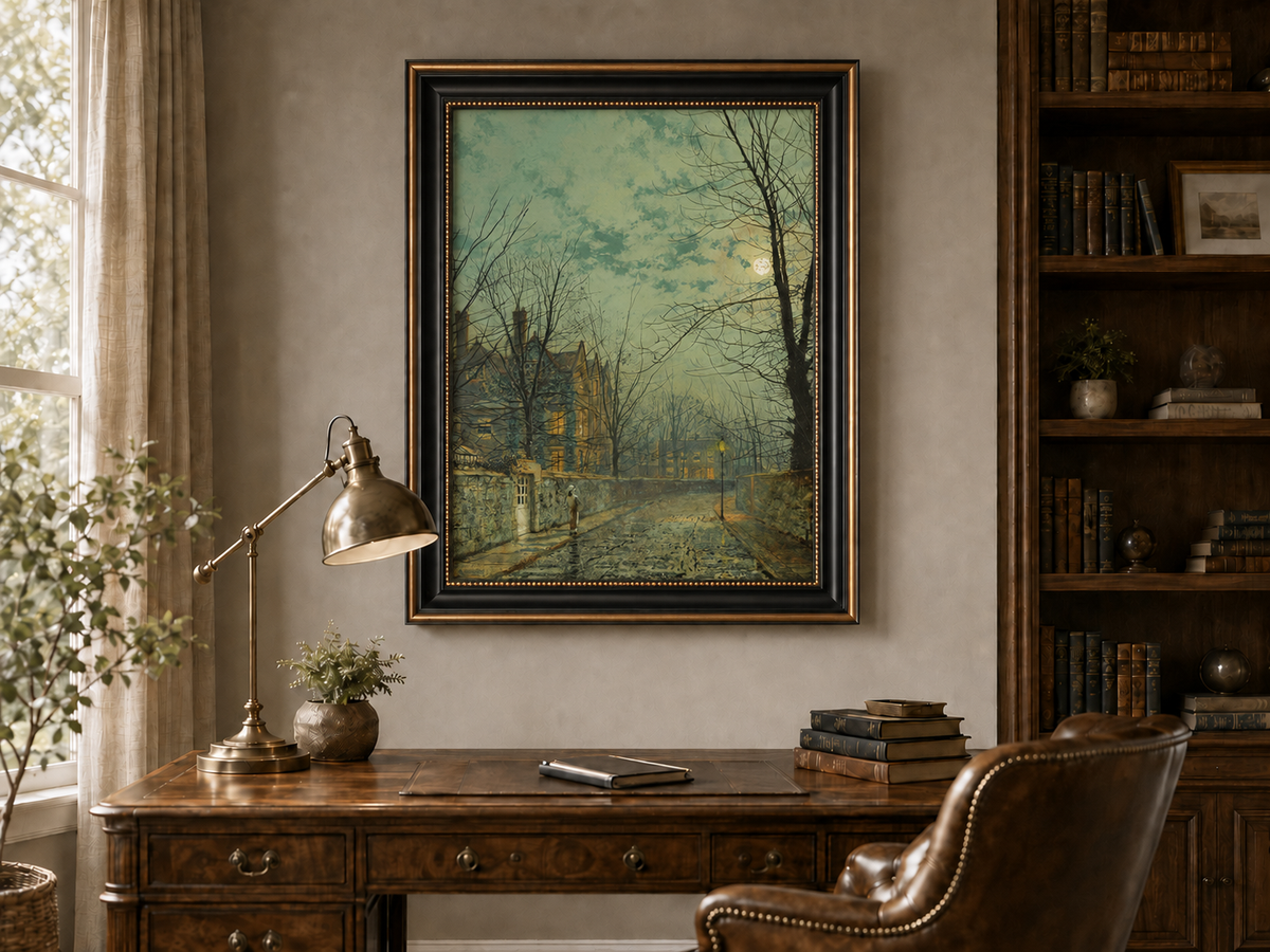 Peinture à l'huile de paysage - Rivière printanière avec pêcheur et arbres