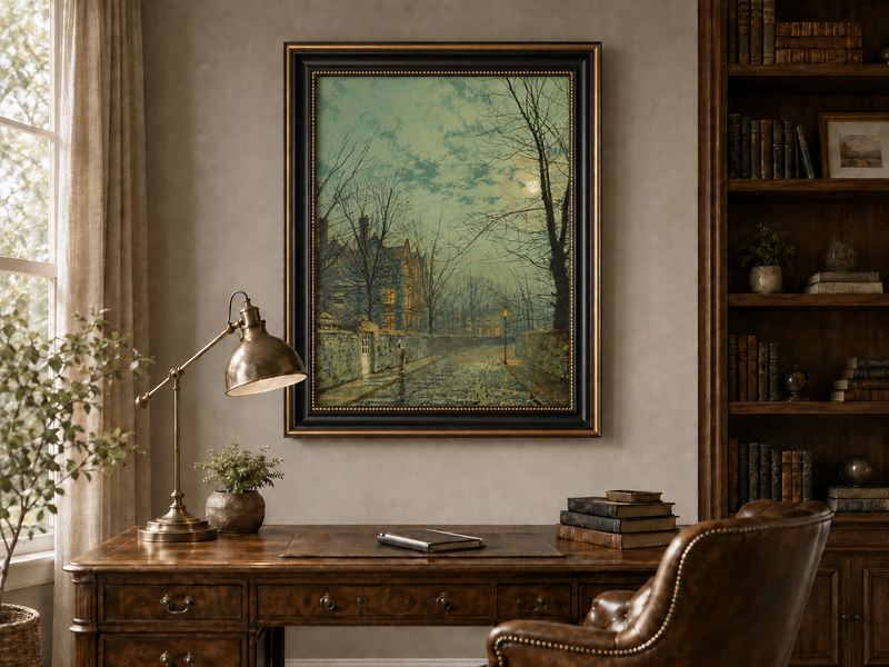 Peinture à l'huile de paysage - Rivière printanière avec pêcheur et arbres
