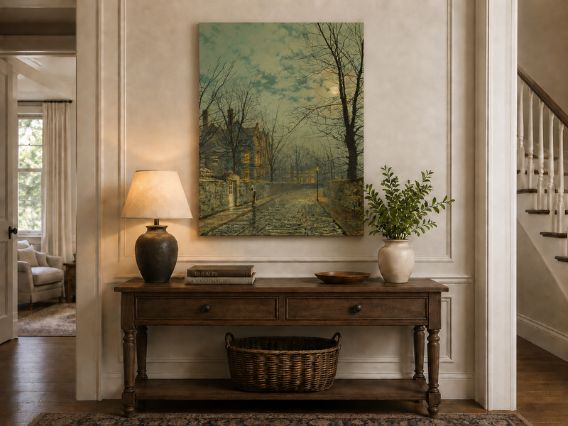 Peinture à l'huile de paysage - Rivière printanière avec pêcheur et arbres
