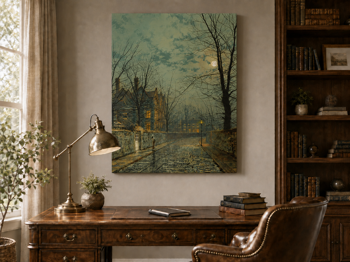 Peinture à l'huile de paysage - Rivière printanière avec pêcheur et arbres
