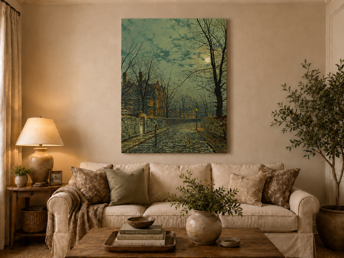 Peinture à l'huile de paysage - Rivière printanière avec pêcheur et arbres