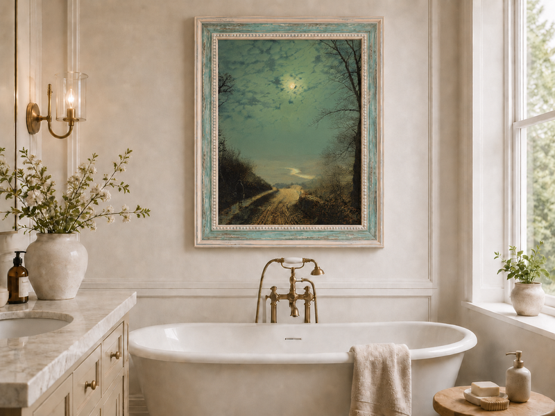 Peinture à l'huile de paysage - Rivière printanière avec pêcheur et arbres