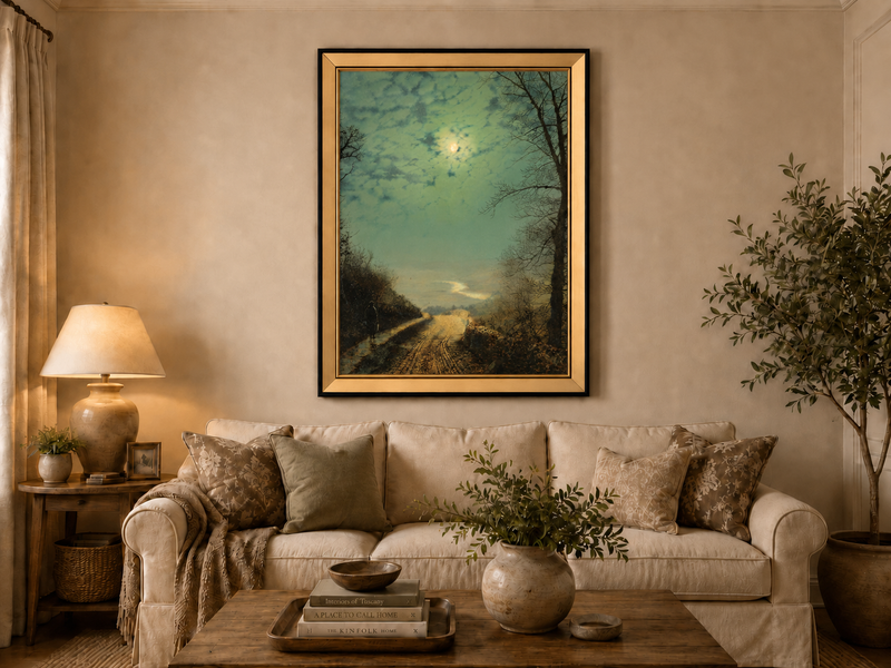Peinture à l'huile de paysage - Rivière printanière avec pêcheur et arbres