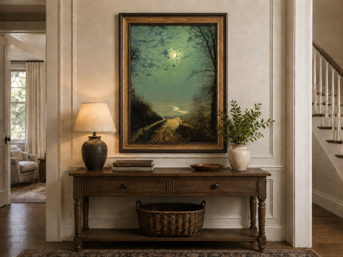 Peinture à l'huile de paysage - Rivière printanière avec pêcheur et arbres