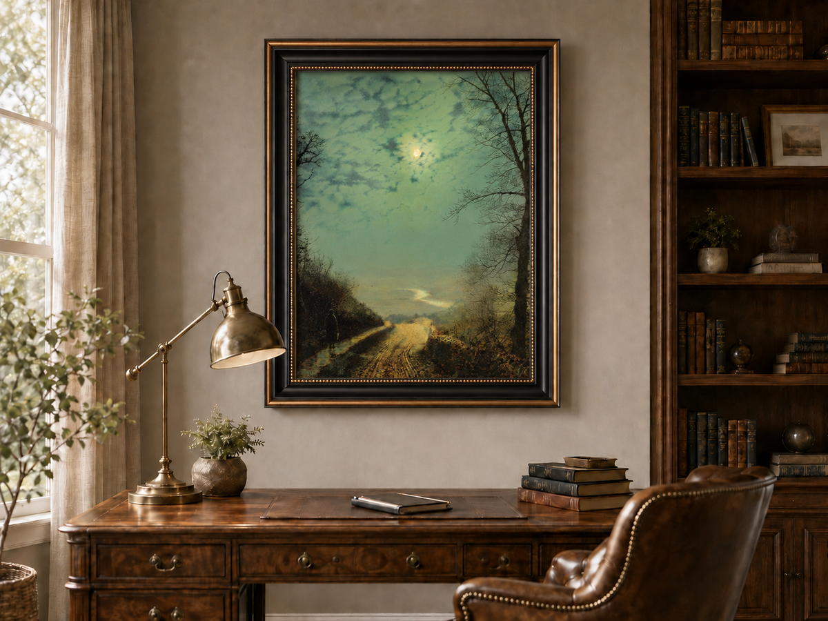 Peinture à l'huile de paysage - Rivière printanière avec pêcheur et arbres
