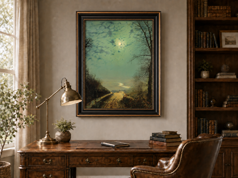 Peinture à l'huile de paysage - Rivière printanière avec pêcheur et arbres