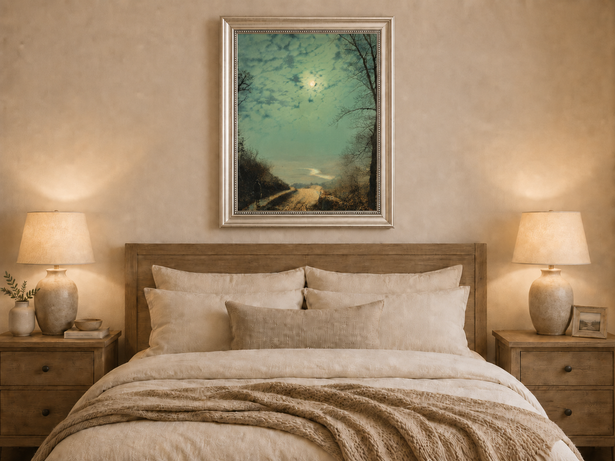 Peinture à l'huile de paysage - Rivière printanière avec pêcheur et arbres