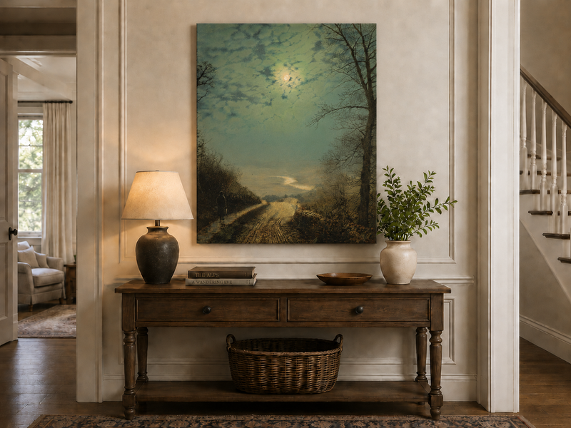 Peinture à l'huile de paysage - Rivière printanière avec pêcheur et arbres