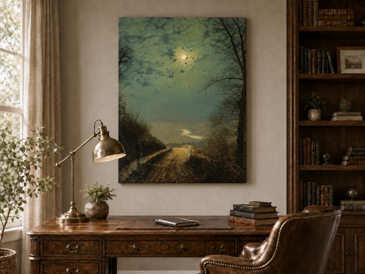 Peinture à l'huile de paysage - Rivière printanière avec pêcheur et arbres