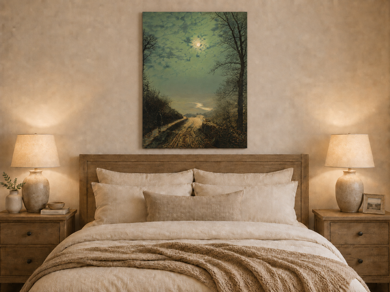 Peinture à l'huile de paysage - Rivière printanière avec pêcheur et arbres