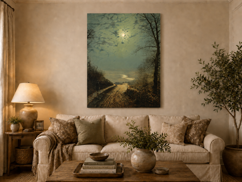 Peinture à l'huile de paysage - Rivière printanière avec pêcheur et arbres