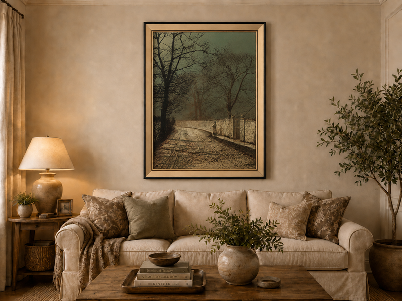 Landscape Oil Painting - Quiet Moonlit Country Lane in Autumn