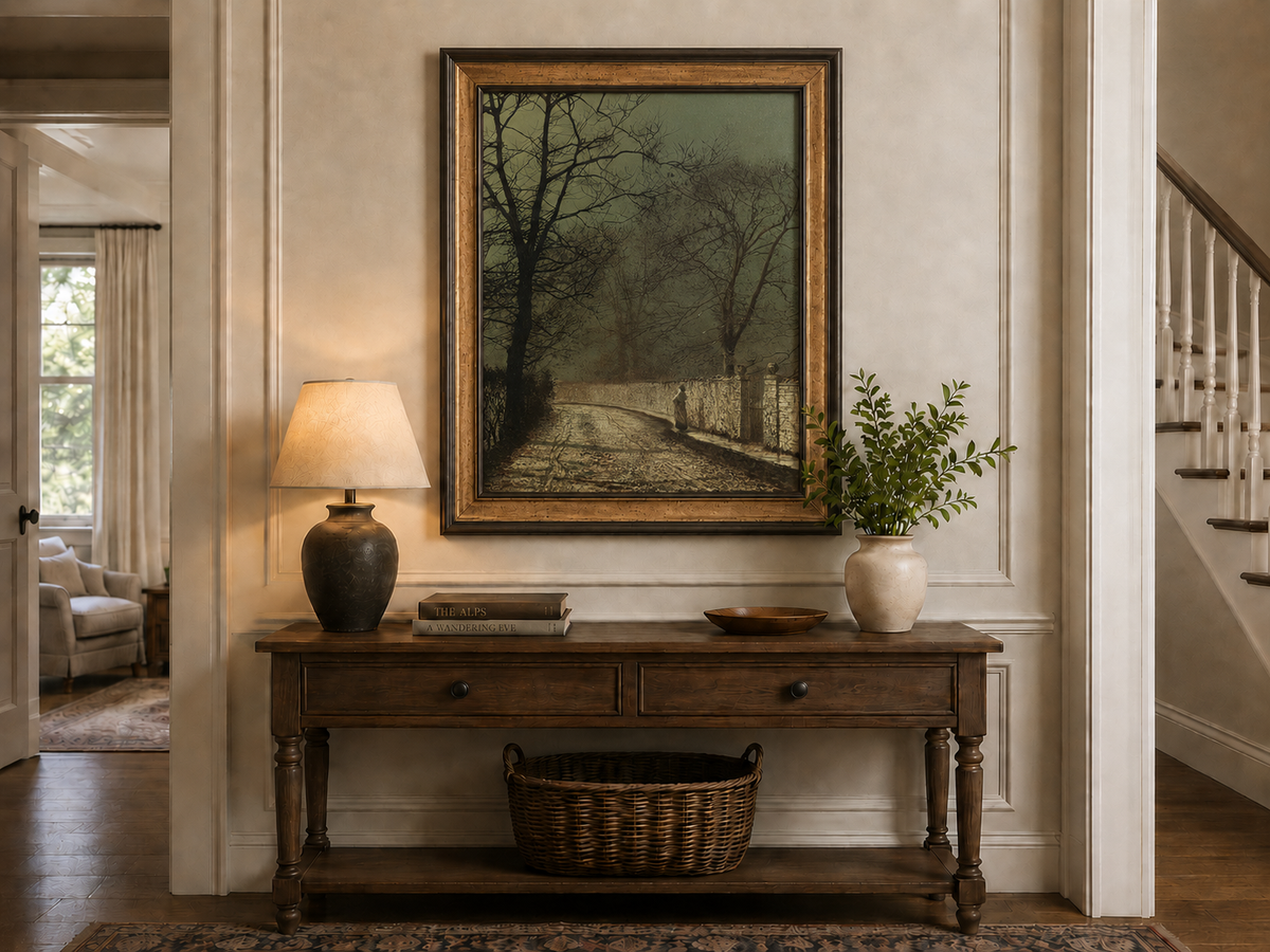Landscape Oil Painting - Quiet Moonlit Country Lane in Autumn