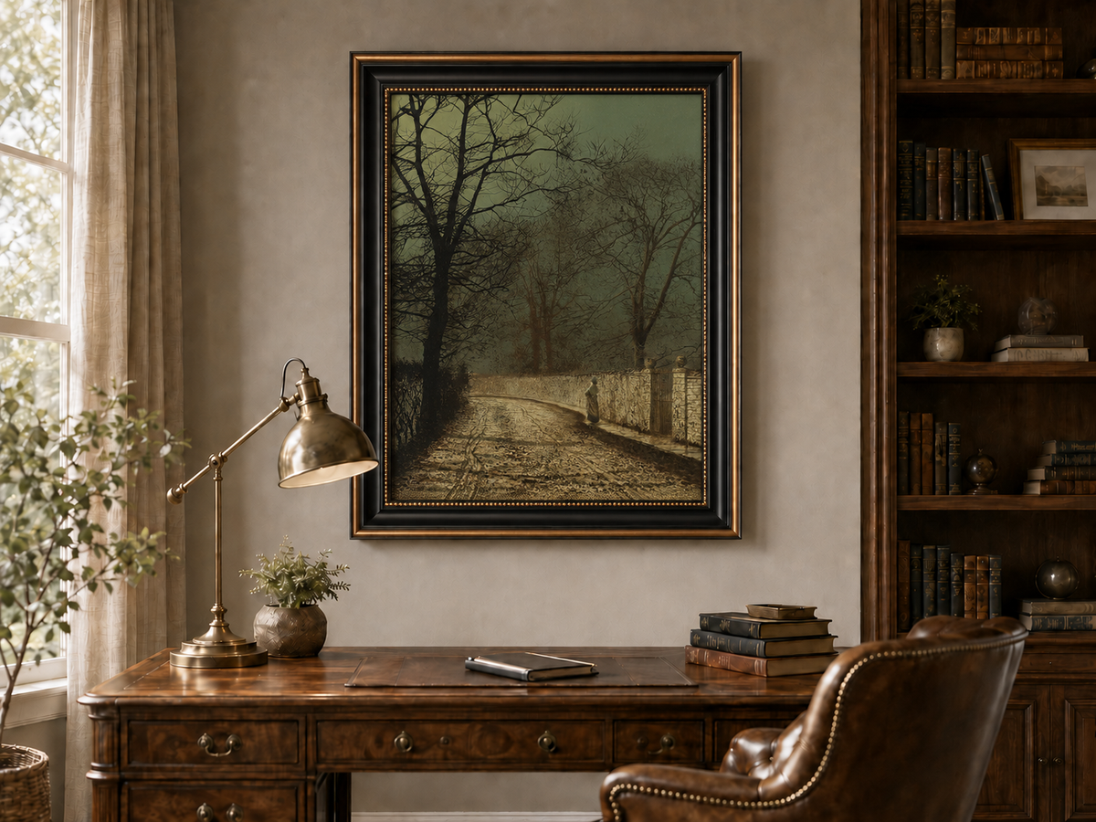 Landscape Oil Painting - Quiet Moonlit Country Lane in Autumn