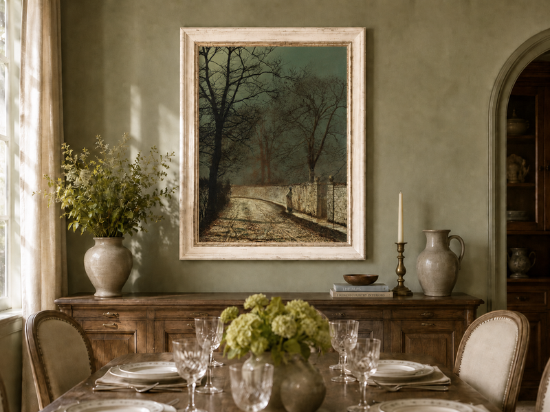 Landscape Oil Painting - Quiet Moonlit Country Lane in Autumn