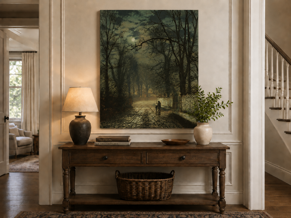 Landscape Oil Painting - Quiet Moonlit Country Lane in Autumn