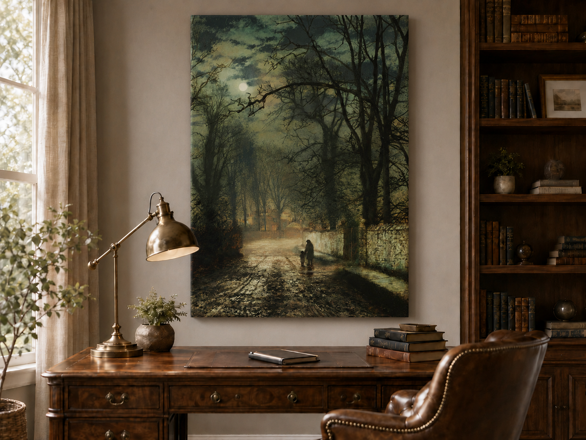 Landscape Oil Painting - Quiet Moonlit Country Lane in Autumn
