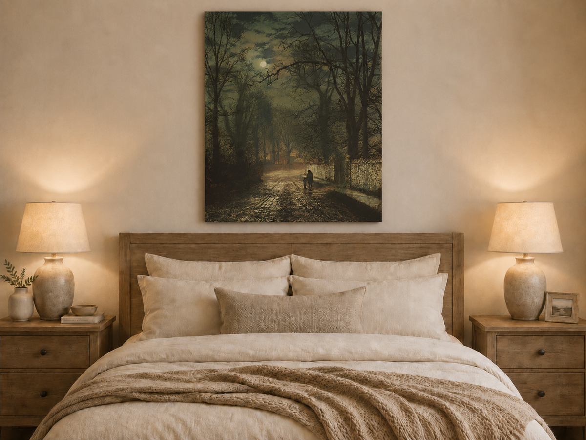 Landscape Oil Painting - Quiet Moonlit Country Lane in Autumn