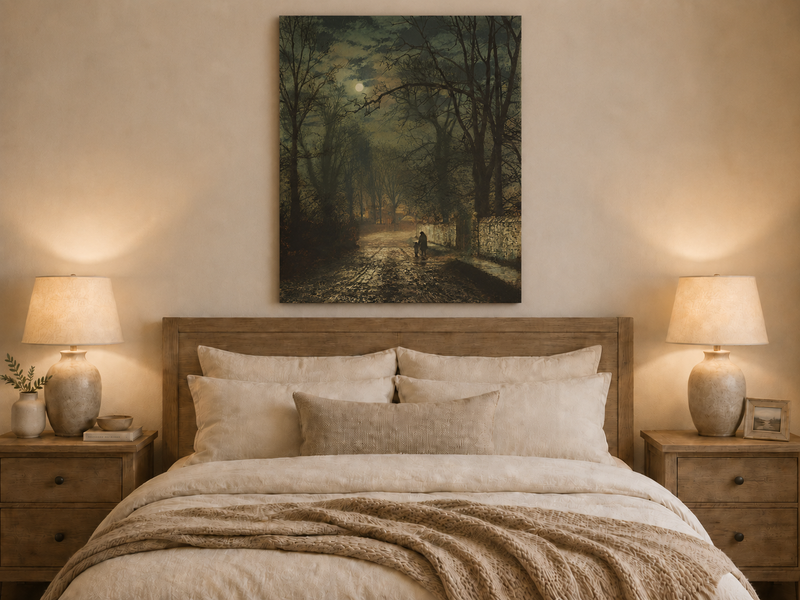 Landscape Oil Painting - Quiet Moonlit Country Lane in Autumn