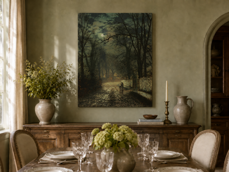 Landscape Oil Painting - Quiet Moonlit Country Lane in Autumn