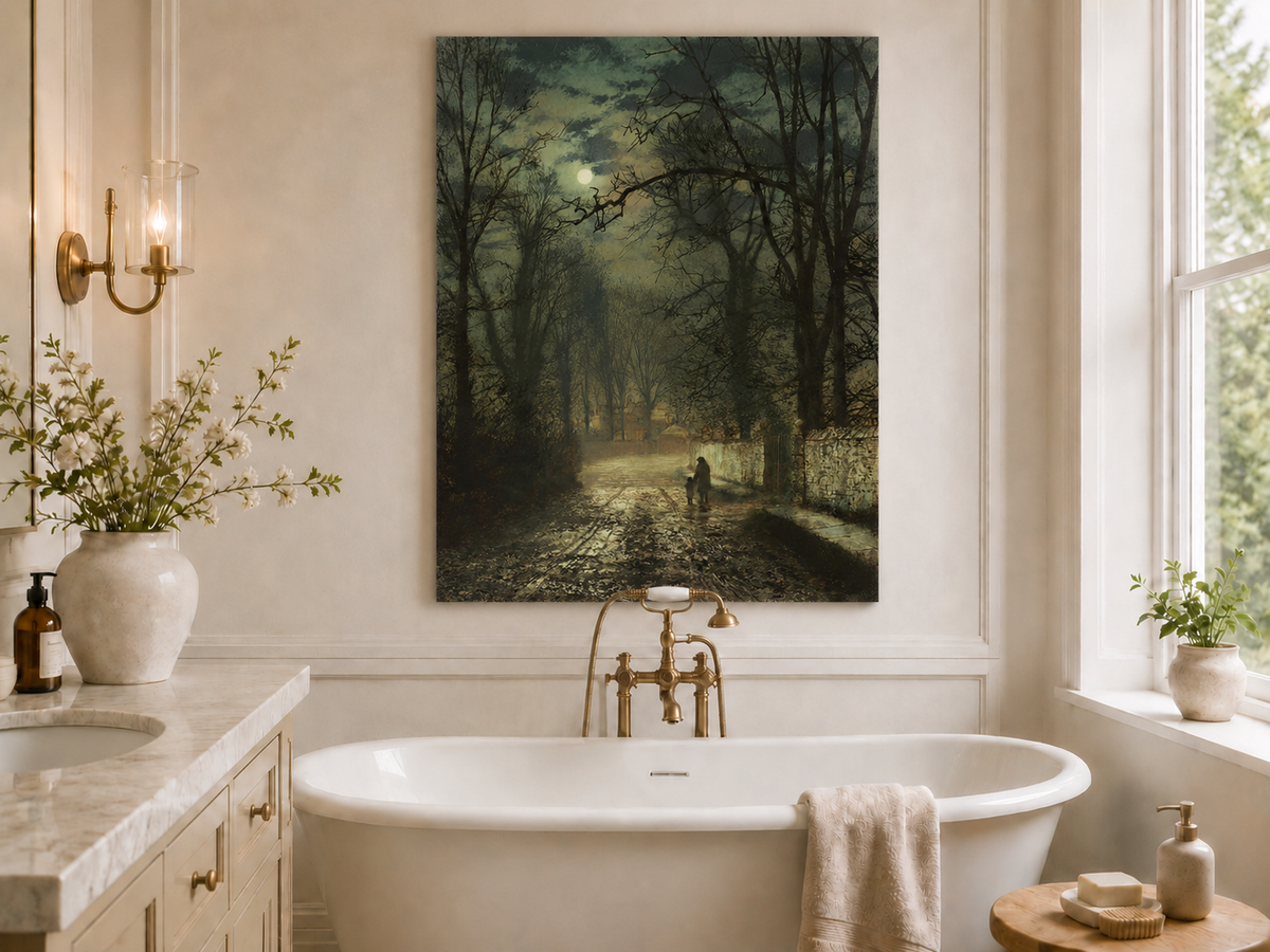 Landscape Oil Painting - Quiet Moonlit Country Lane in Autumn