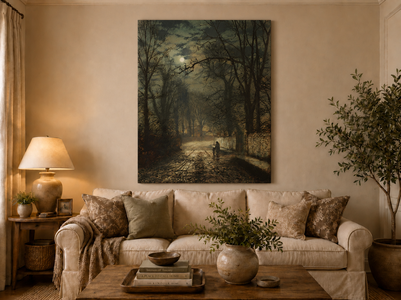 Landscape Oil Painting - Quiet Moonlit Country Lane in Autumn