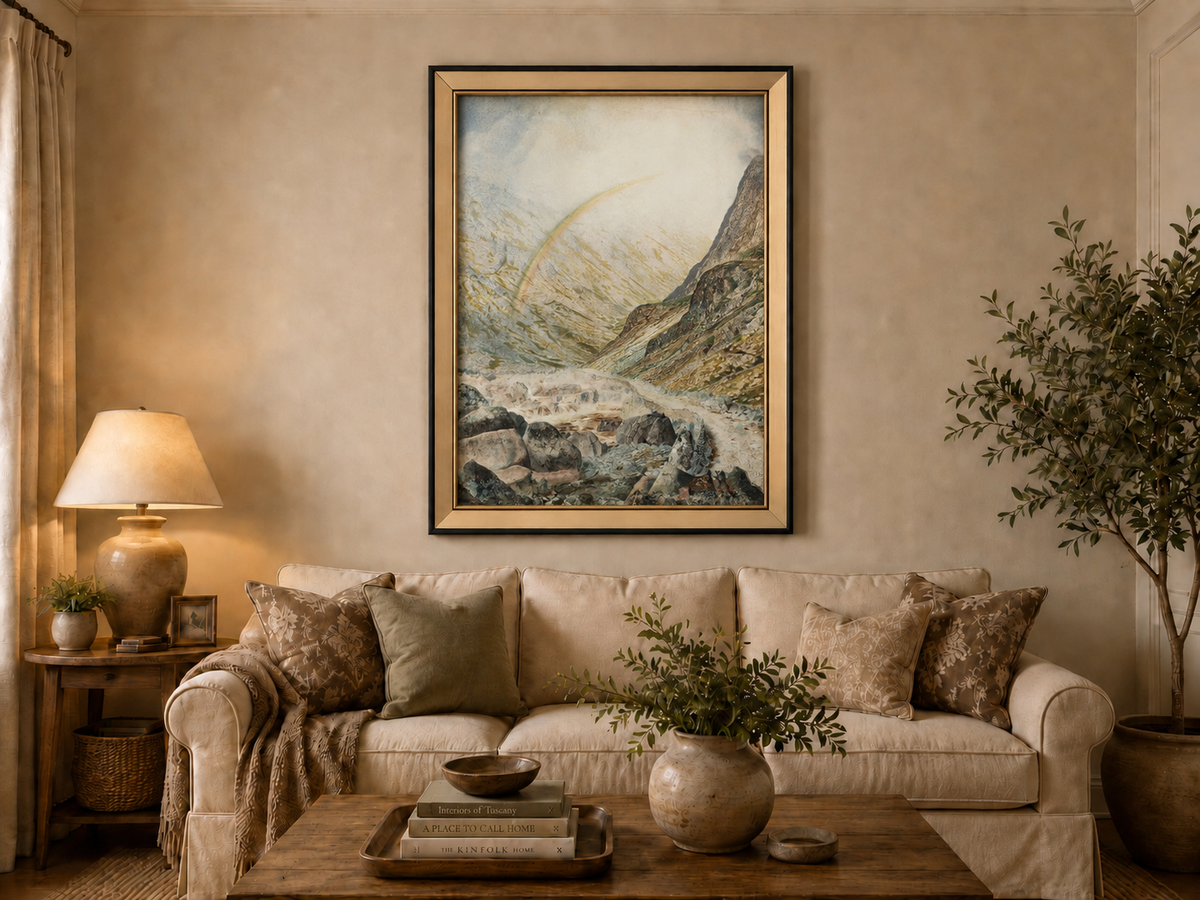 Peinture à l'huile de paysage - Rivière printanière avec pêcheur et arbres