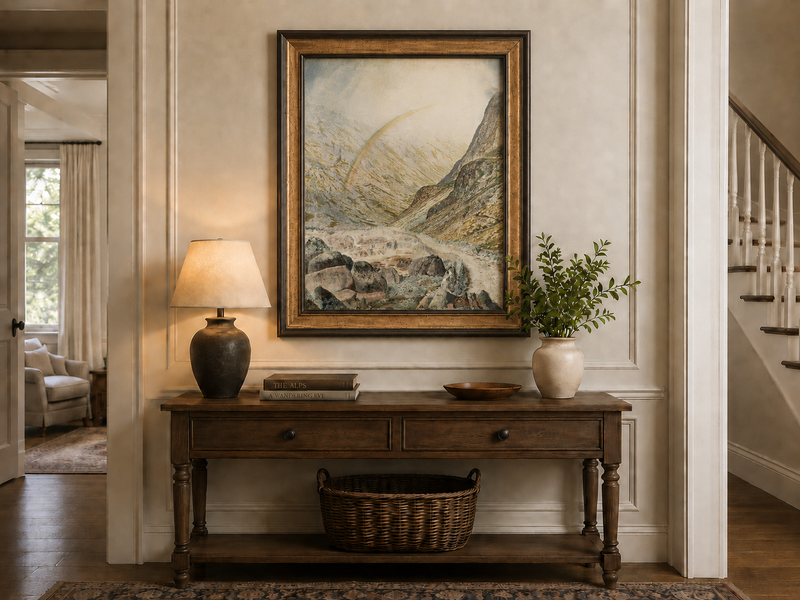 Peinture à l'huile de paysage - Rivière printanière avec pêcheur et arbres