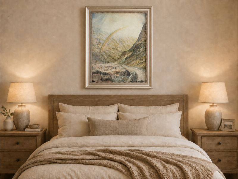 Peinture à l'huile de paysage - Rivière printanière avec pêcheur et arbres