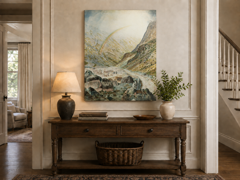Peinture à l'huile de paysage - Rivière printanière avec pêcheur et arbres
