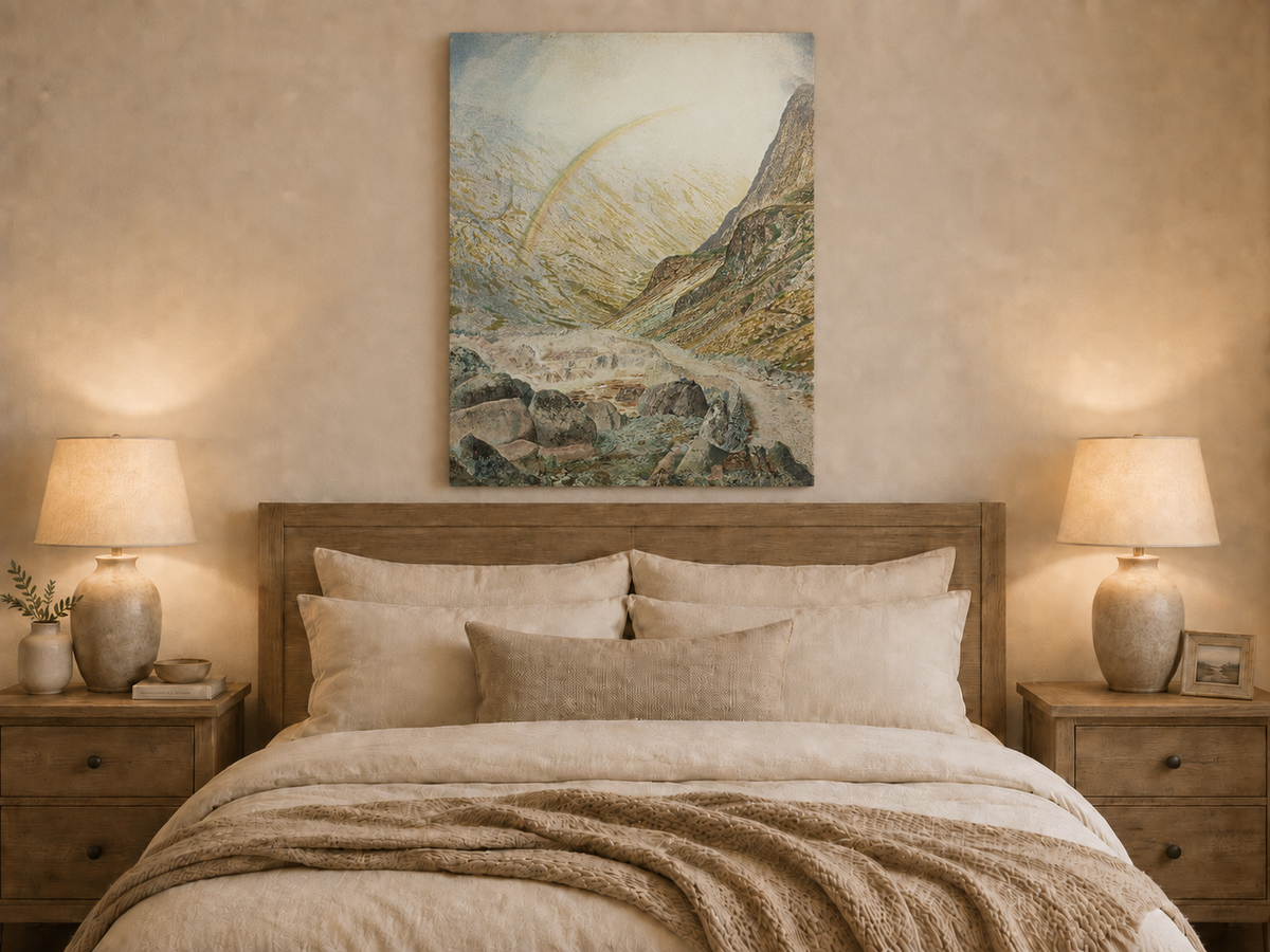 Peinture à l'huile de paysage - Rivière printanière avec pêcheur et arbres