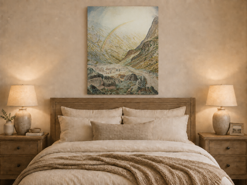 Peinture à l'huile de paysage - Rivière printanière avec pêcheur et arbres