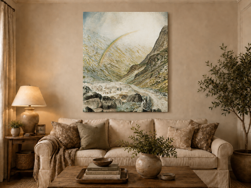 Peinture à l'huile de paysage - Rivière printanière avec pêcheur et arbres
