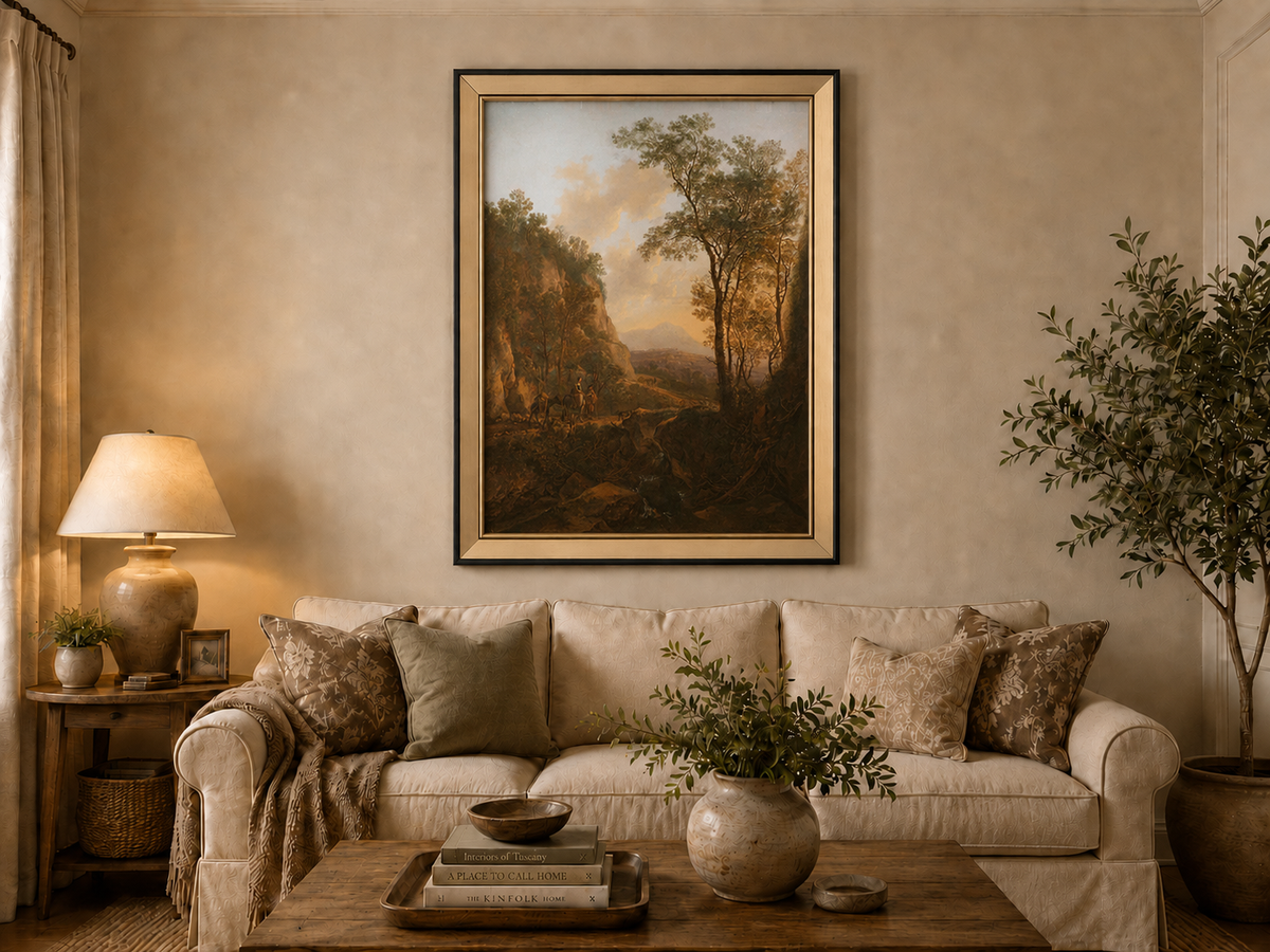 Landscape Oil Painting - Sunlit Mountain Pass with Travelers
