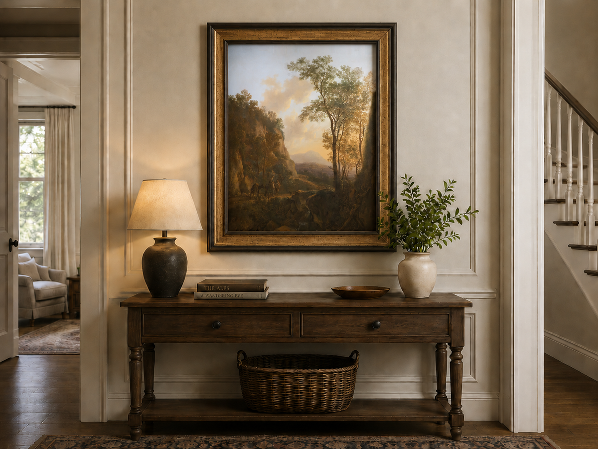 Landscape Oil Painting - Sunlit Mountain Pass with Travelers