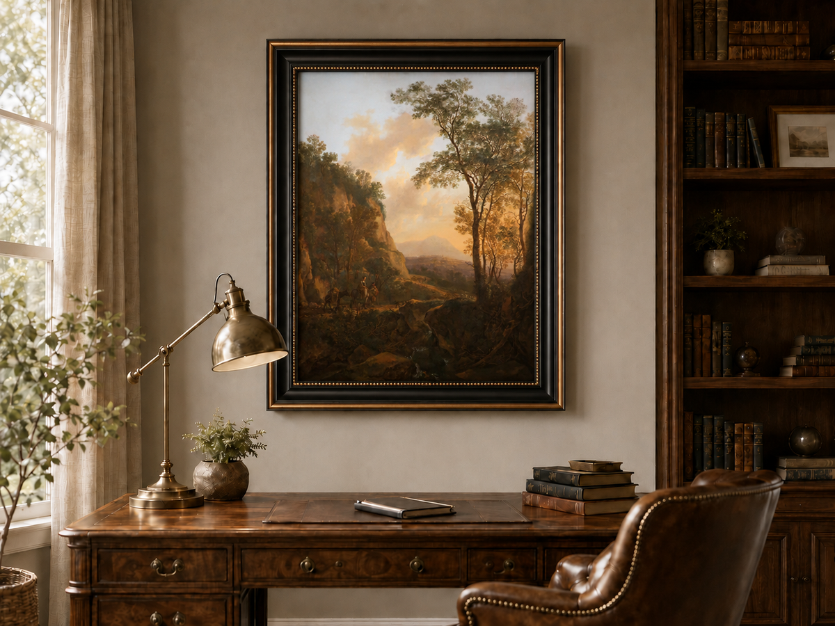 Landscape Oil Painting - Sunlit Mountain Pass with Travelers