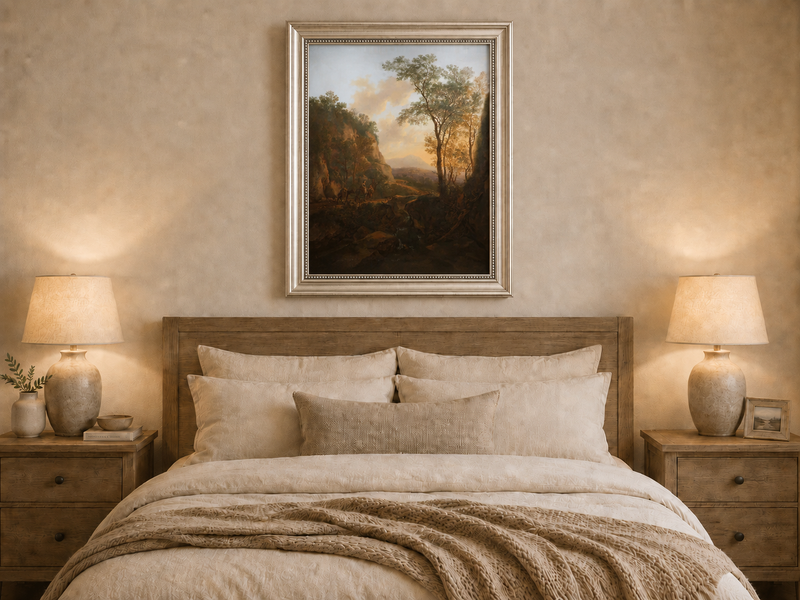Landscape Oil Painting - Sunlit Mountain Pass with Travelers