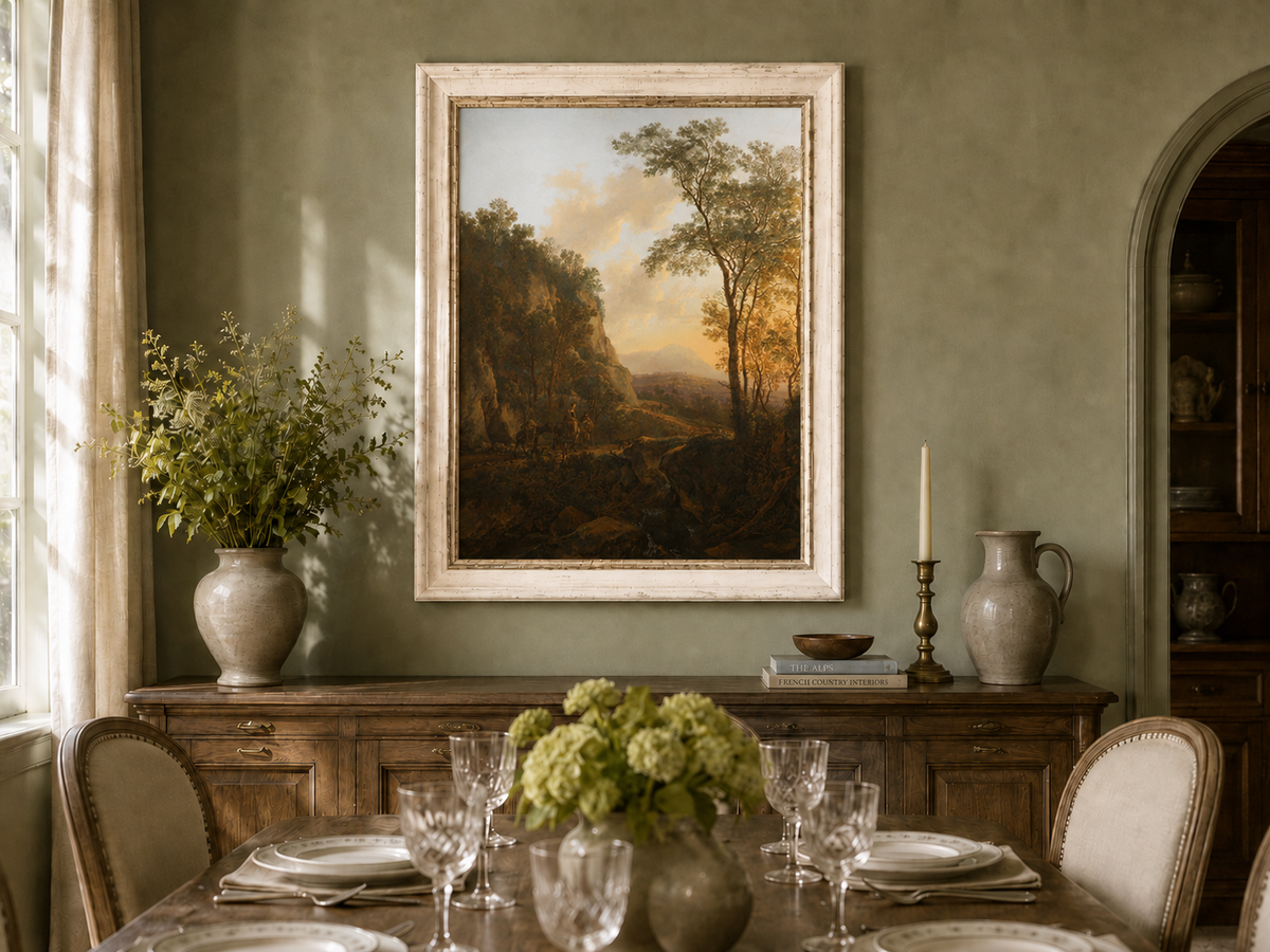Landscape Oil Painting - Sunlit Mountain Pass with Travelers