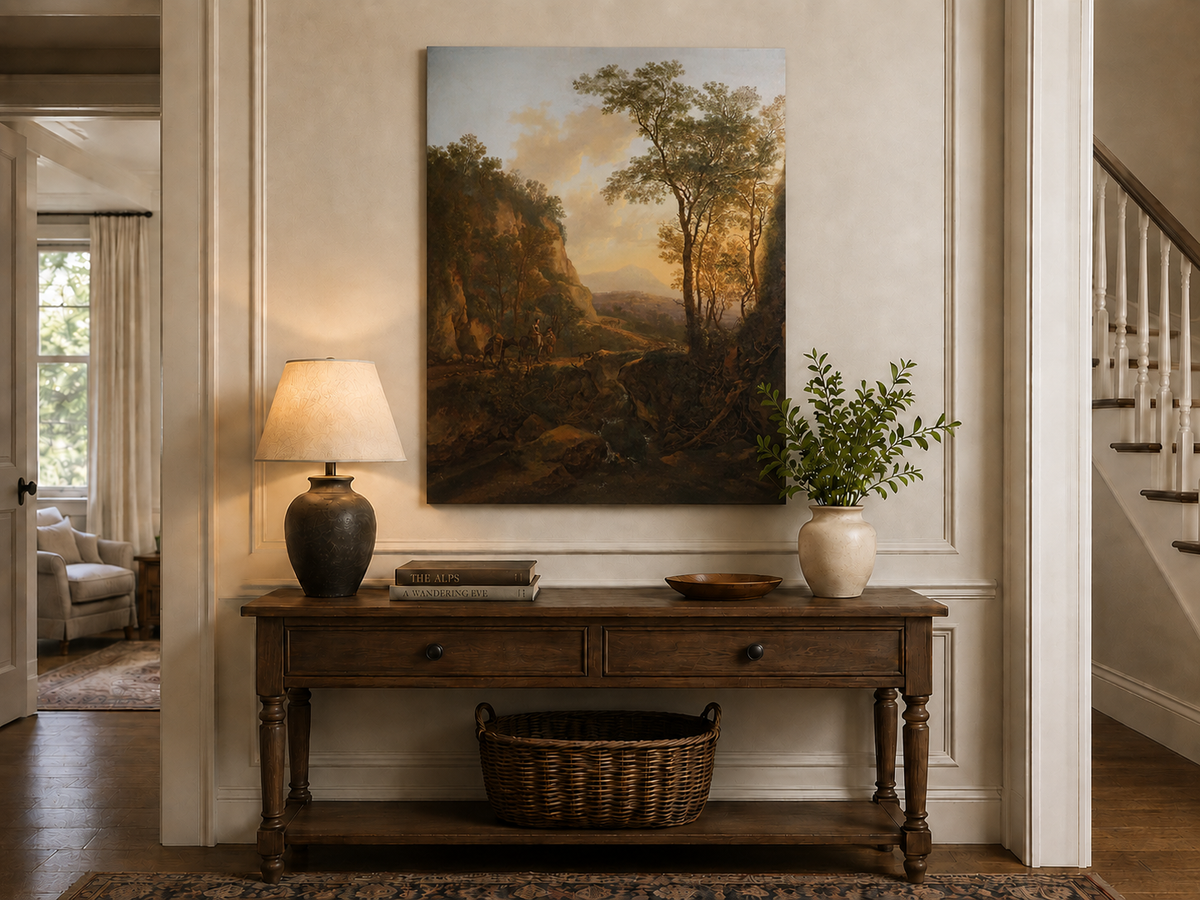Landscape Oil Painting - Sunlit Mountain Pass with Travelers