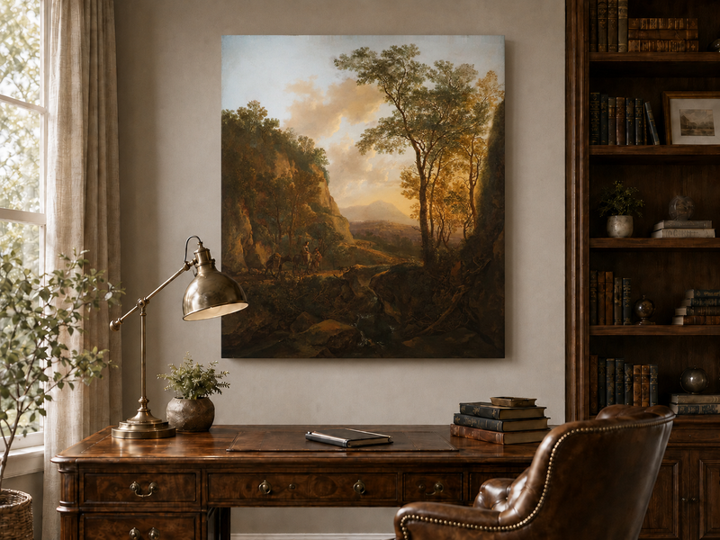 Landscape Oil Painting - Sunlit Mountain Pass with Travelers