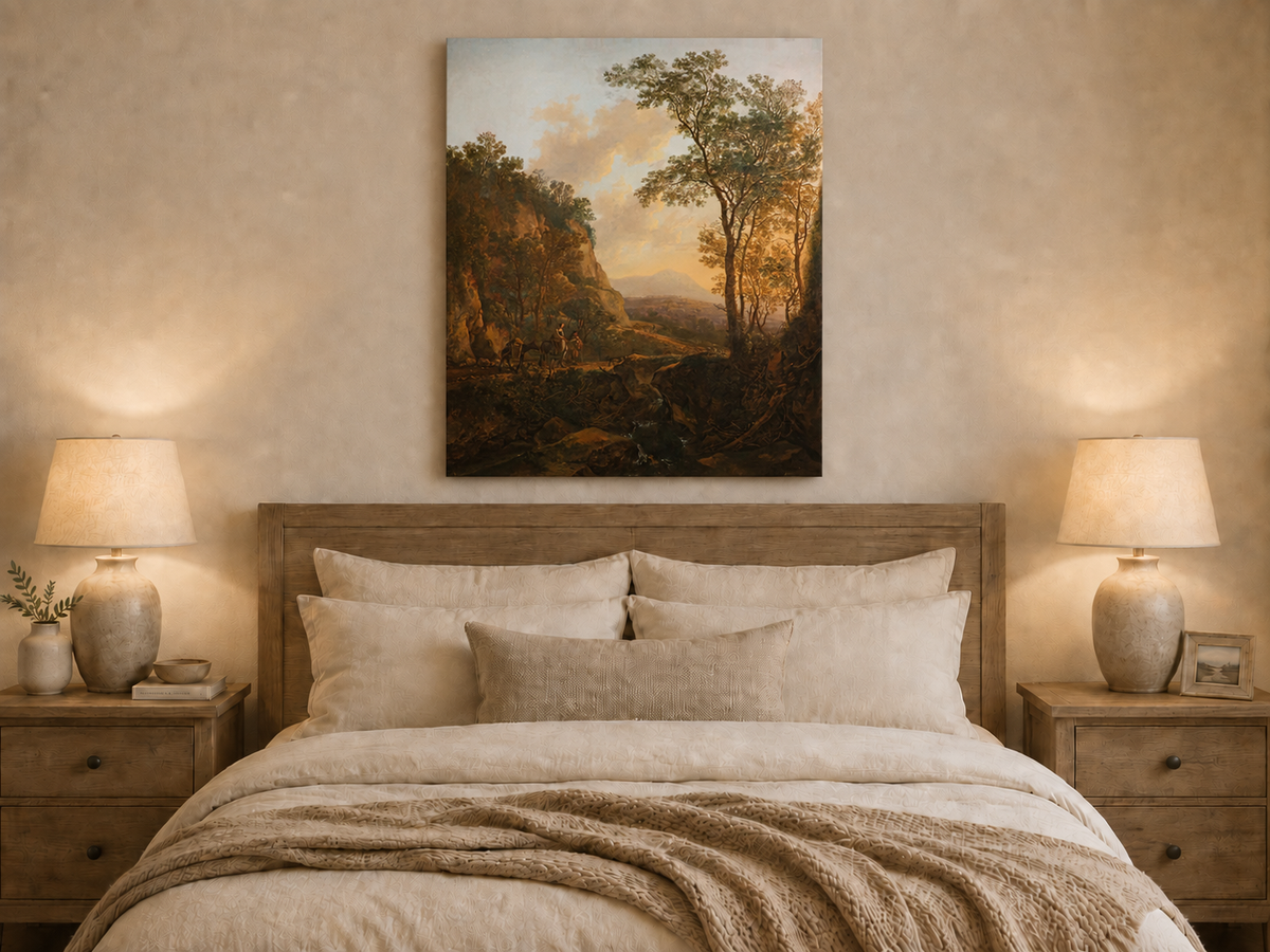 Landscape Oil Painting - Sunlit Mountain Pass with Travelers