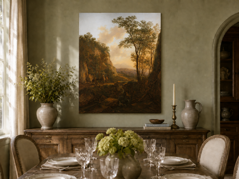 Landscape Oil Painting - Sunlit Mountain Pass with Travelers