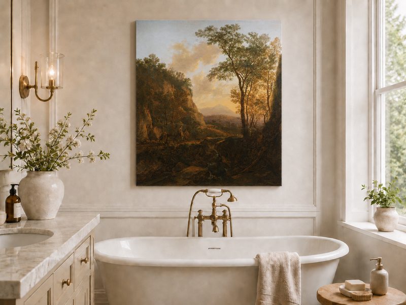 Landscape Oil Painting - Sunlit Mountain Pass with Travelers