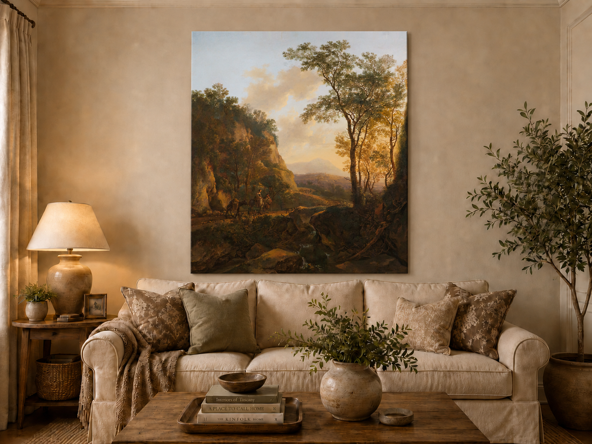 Landscape Oil Painting - Sunlit Mountain Pass with Travelers
